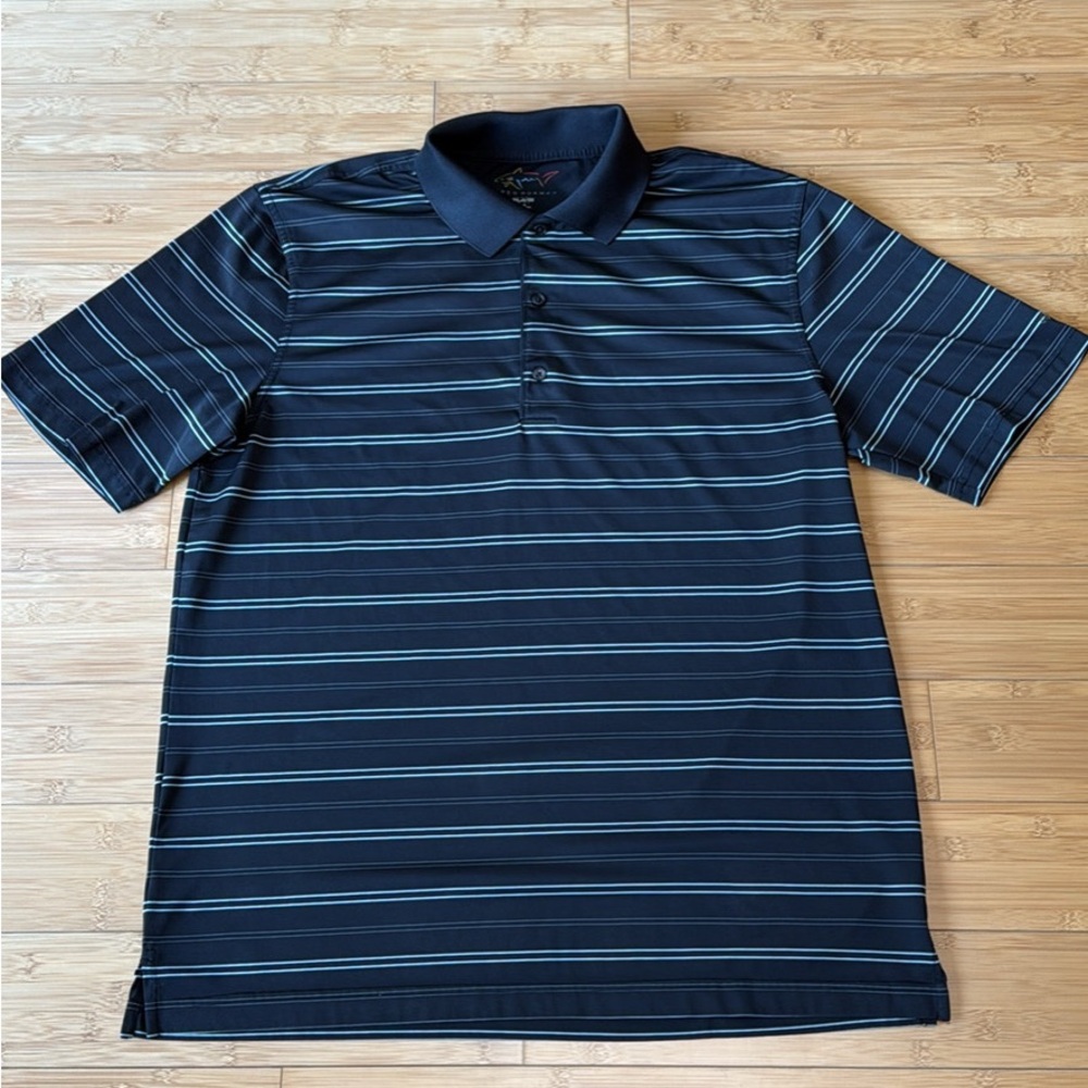 Greg Norman Polo Shirt Men Large Black Pinstripe Shark Logo Play Dry Golf Casual